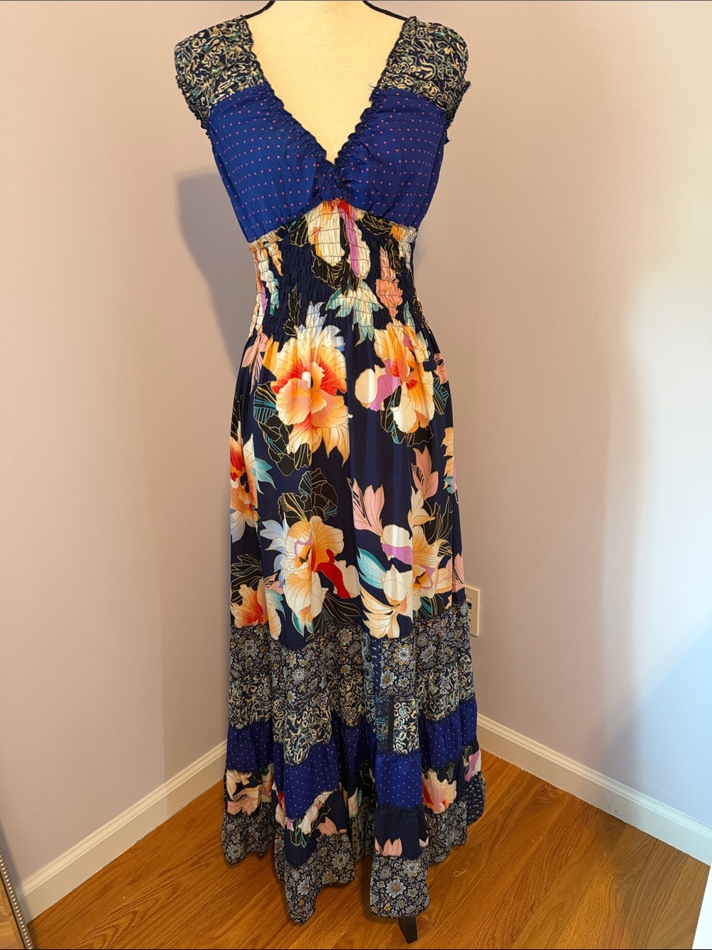 Blue Floral Maxi Dress with Smocked Waist